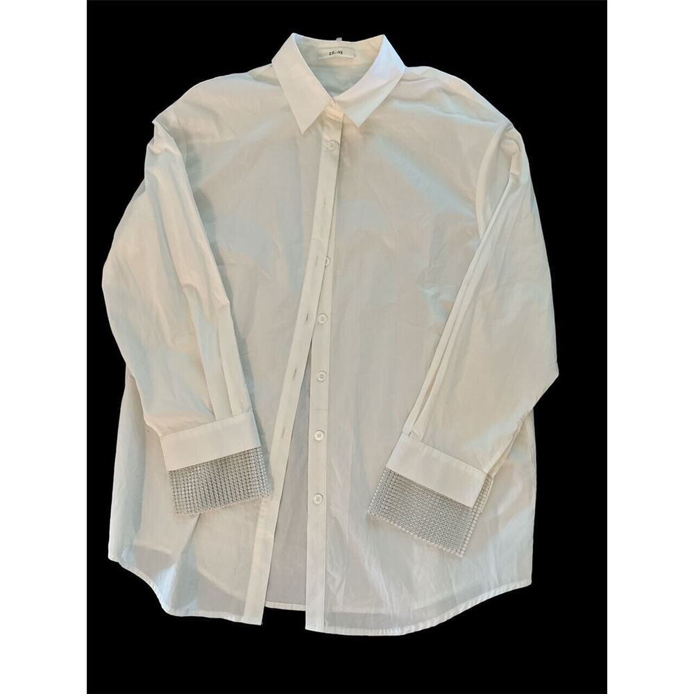 AUTHENTIC CELINE POPLIN WHITE EMBELLISHED RHINESTONE CUFFS MINI SHIRT DRESS SZ L